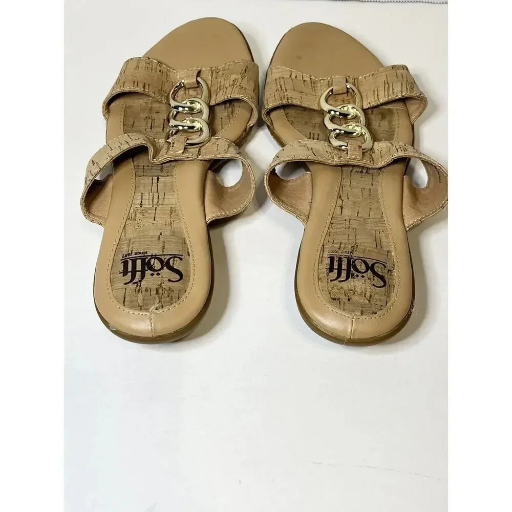 Sofft Slip On Sandals Womens 6.5 M Slide‎ Camel Brown Open Toe Gold Accents